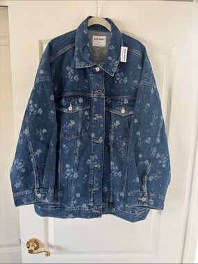 NWT Old Navy Dark Blue Floral Oversized Trucker Denim Jacket - Women's SZ XXL